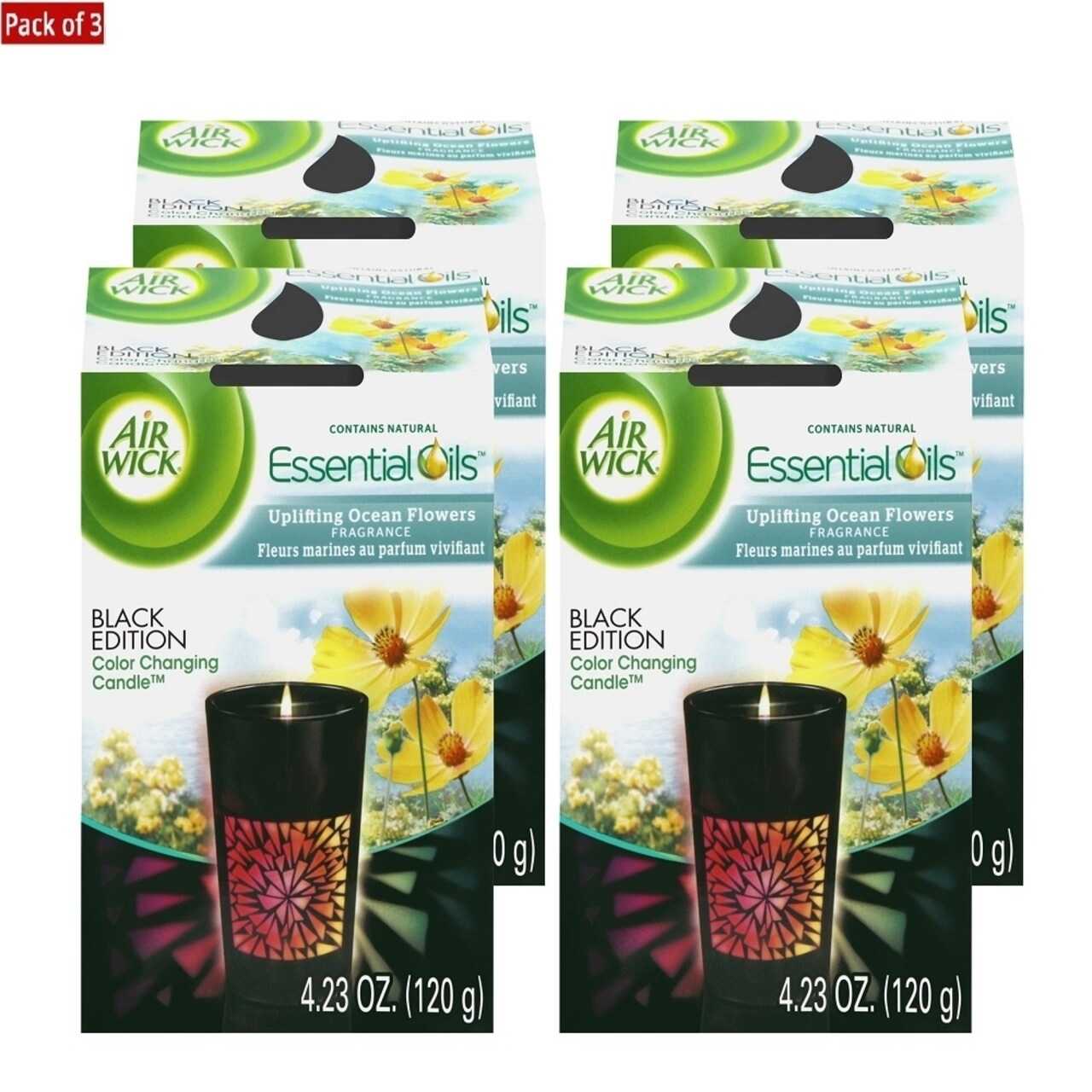 Air Wick Color Changing Black Edition Scented Candle, Uplifting Ocean Flower Scent, 4.23 Ounce - Pack of 3